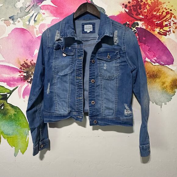 wax Jeans Jackets & Blazers - Wax Jean Basic Denim Blue Distress Jean Jacket - Large Stretch Causal